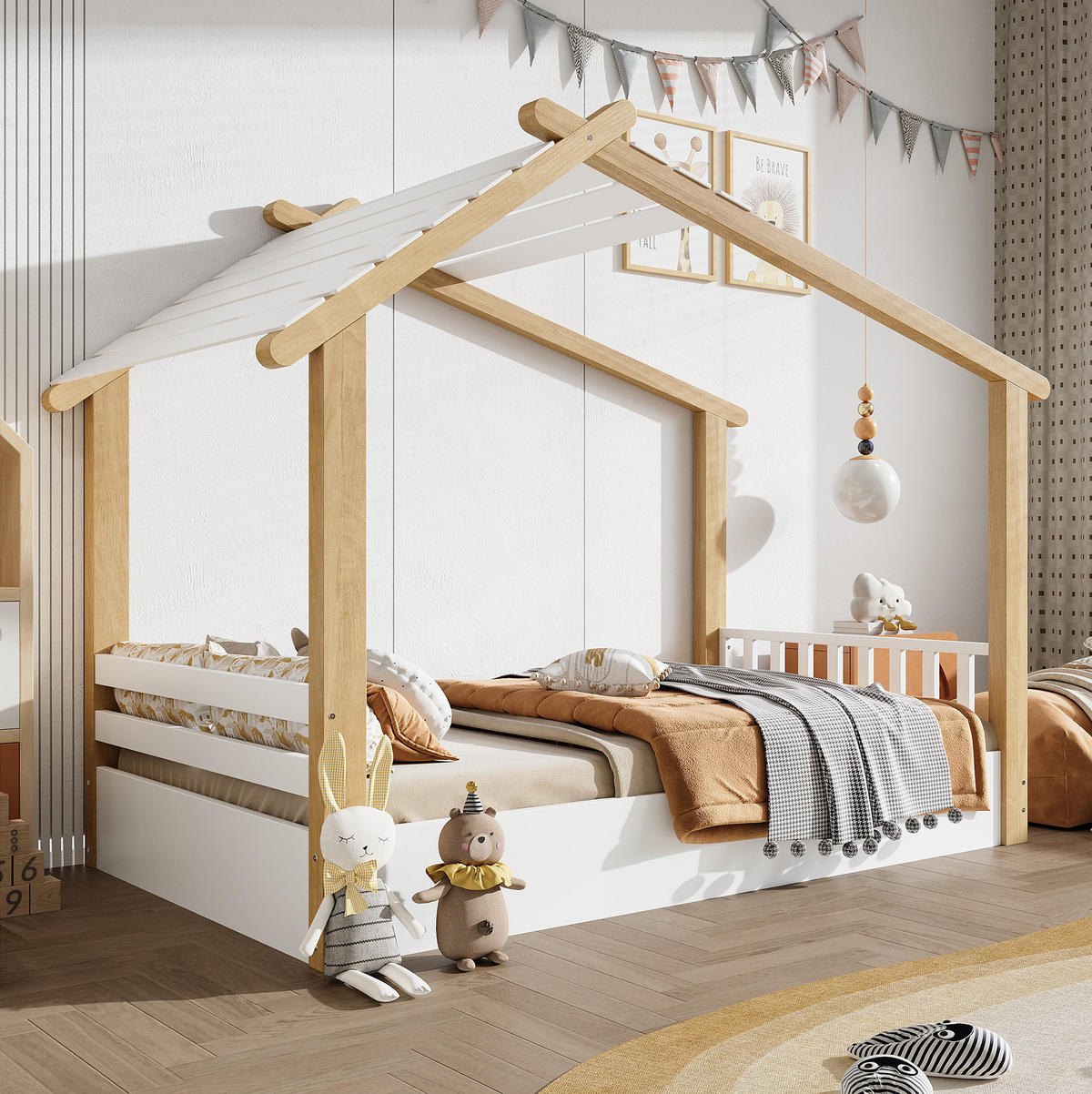 KINDERBETT 90/190 cm mit Hausdesign und stabilem Lattenrost aus Kiefer, MDF und Spanplatte, Weiß/Natur - Weiß, Holz (90/200cm) - Redom