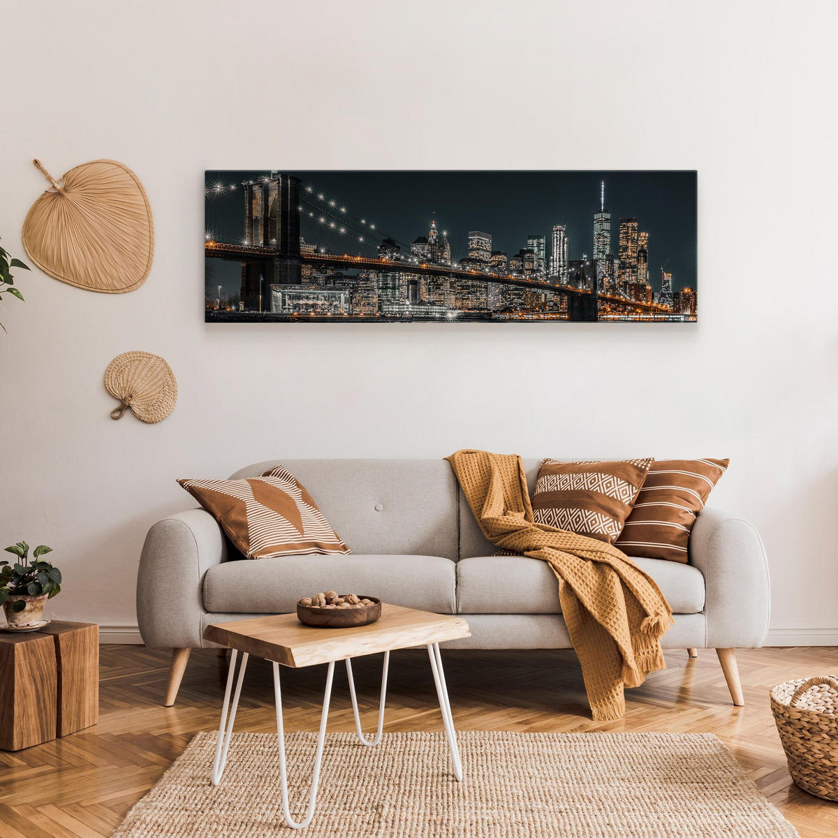 PANORAMABILD New York bei Nacht Architektur 3D 145x45cm - Blau/Beige, Textil (145/45cm) - Muralo