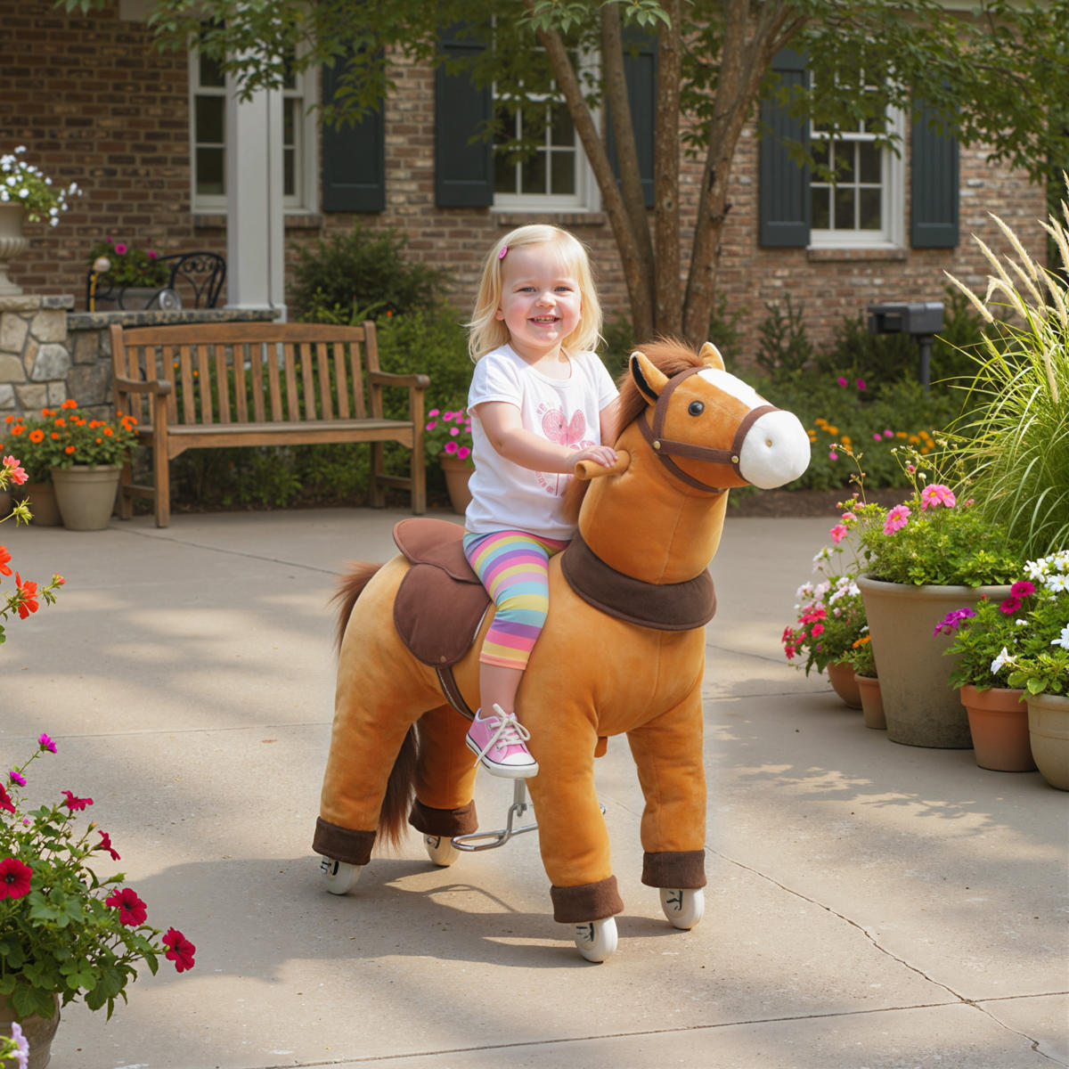 REITPFERD Spielpferd zum Reiten mit Sattel Rollen 75 cm Stehpferd Plüschpferd - Dunkelbraun, Textil (30/75/70cm) - AIYAPLAY
