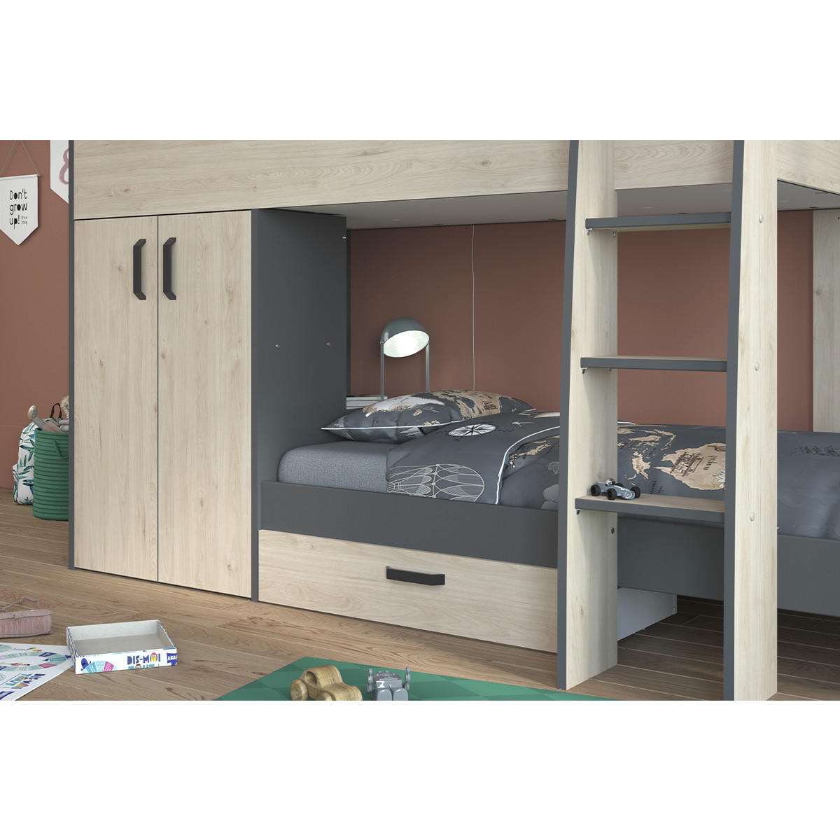 ETAGENBETT Eiche- und Graudekor mit Stauraum 90x200 - Stim - Apfelbaumfarben, Holzwerkstoff (90/200cm) - Calicosy