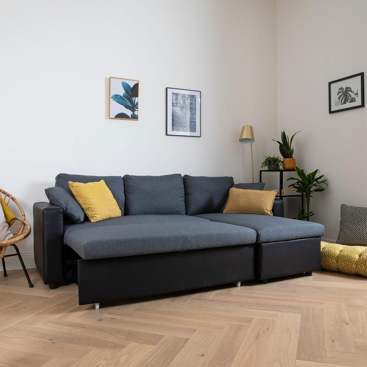 ECKSOFA CLARK GRAU MELIERT UND SCHWARZ 3 PLÄTZE - Schwarz, Kunststoff (225/146cm) - Happy Garden