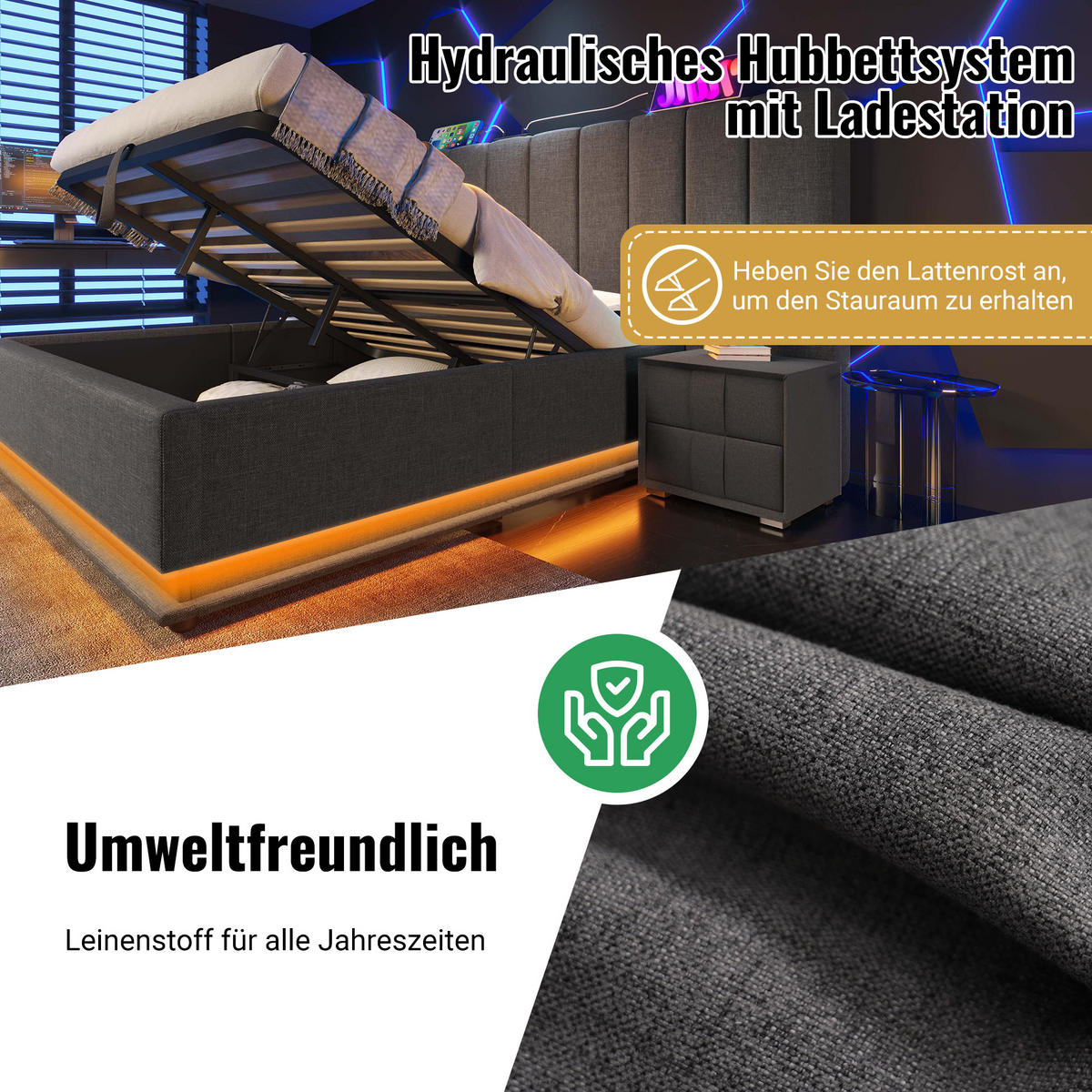 POLSTERBETT 180/200 cm mit LED-Beleuchtung, USB-C-Ladefunktion und hydraulischem Stauraum und Matratze, Grau - Grau, Textil (180/200cm) - Redom
