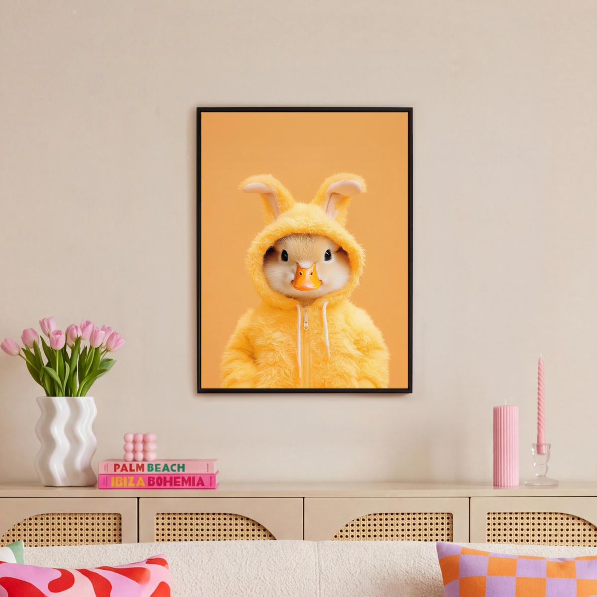 LEINWAND Bilder mit Rahmen - Osterhase - Kostüm - Ente - 60x80 - Gelb, Textil (60/80cm) - MuchoWow