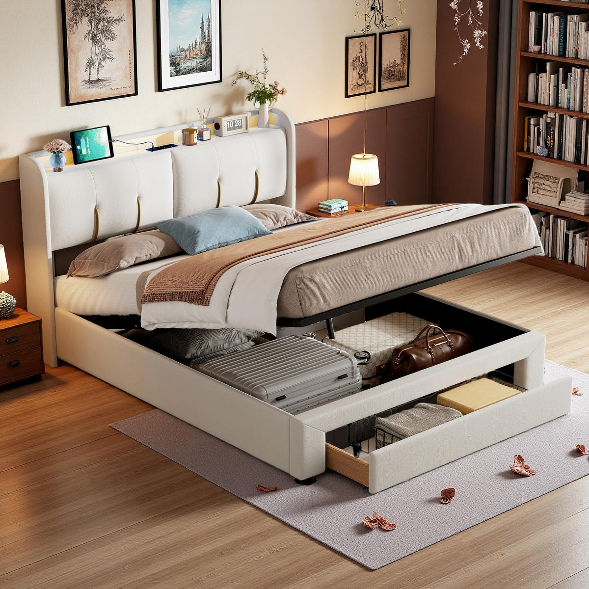 POLSTERBETT 140 x 200 cm, mit USB-Anschluss und LED-Beleuchtung, 2 Schubladen und hydraulischem Stauraum, beige, Samt. - Beige, Holz (140/200cm) - WoodenAura
