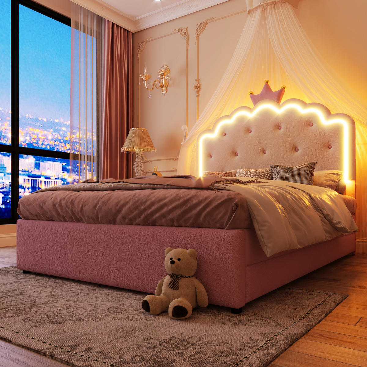 POLSTERBETT 140/200 cm aus PU und MDF mit LED-Beleuchtung, Ausziehbett und 2 Schubladen Rosa - Pink, Kunststoff (140/200cm) - Modenvie