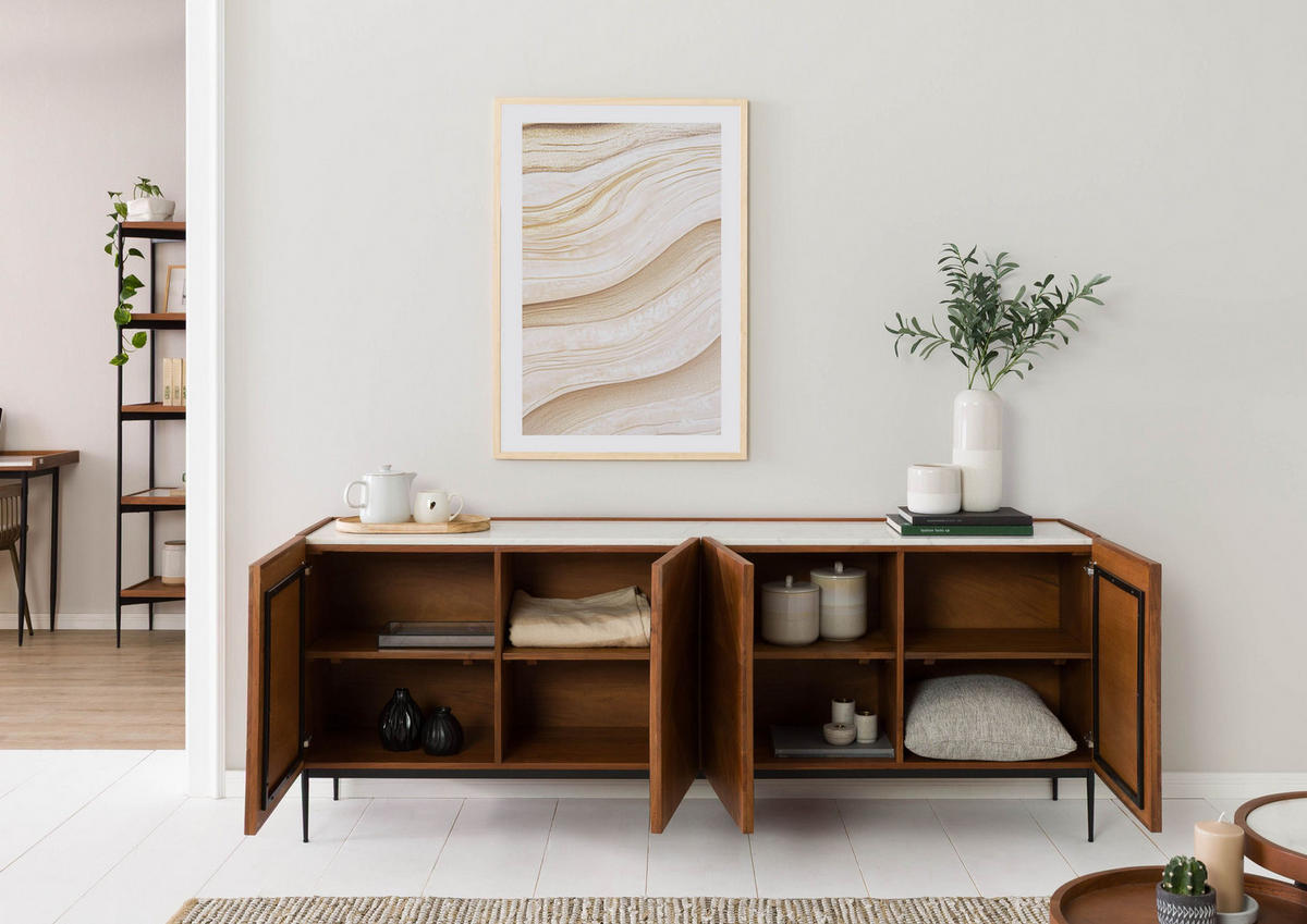 SIDEBOARD Akazie 200x40x76 natur lackiert / Marmor weiß KARLSTAD #16 - Braun, Holz (200/76/40cm) - Massivmoebel24