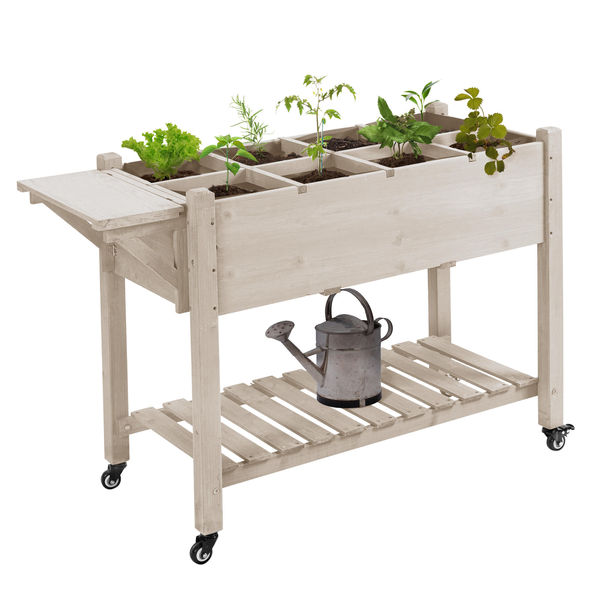 HOCHBEET DE-15989 rollbar mit klappbarem Seitentisch Naturholz - Naturfarben, Holzwerkstoff (123/87/54cm) - ComfortXL