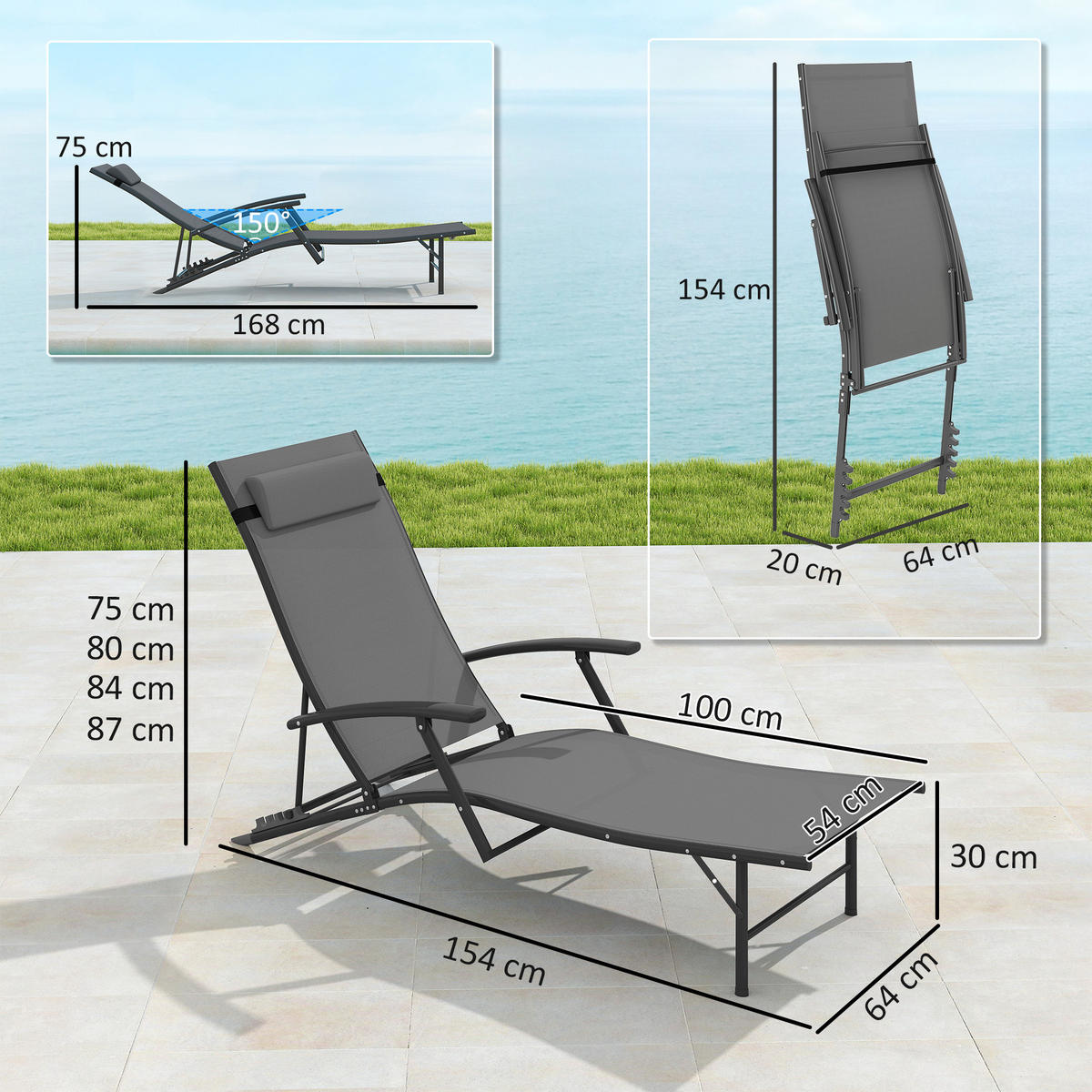 SONNENLIEGE Set mit 2 klappbaren Gartenstühlen mit 4-fach verstellbarer Rückenlehne und Kissen,154*64*87 cm ,Grau - Grau, Metall (64/87/154cm) - Vallsero