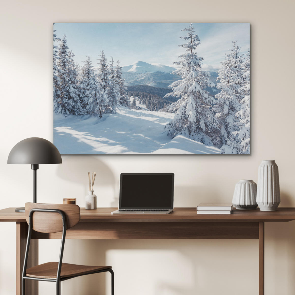 AKUSTIKBILD Winterlandschaft - Natur - Berge - Bäume - Schnee Akustikpaneele 90x60 cm - Hellblau, Kunststoff (90/60/0.9cm) - MuchoWow