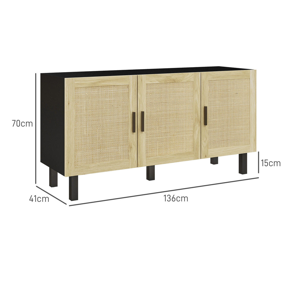 SIDEBOARD DE-11149 3 Korb-Türen Schwarz/Naturholz - Schwarz, Holzwerkstoff (136/70/41cm) - ComfortXL