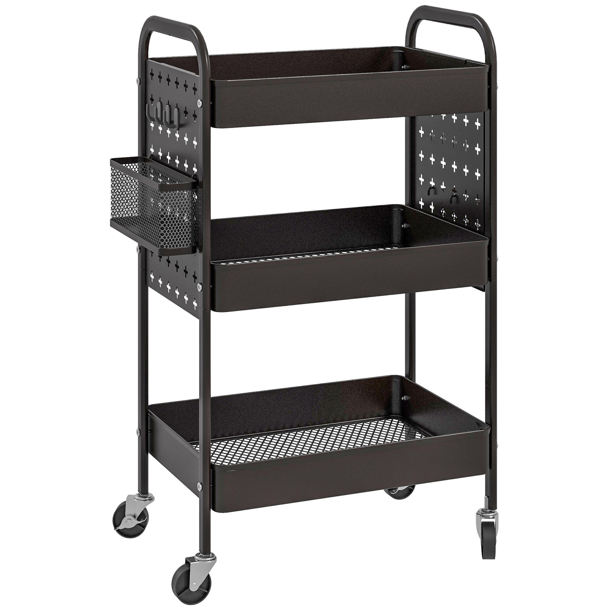 ROLLWAGEN, Servierwagen Aufbewahrungswagen mit 3 Etagen für Küche, Schwarz - Schwarz, Metall (30.5/75/53.5cm) - HOMCOM