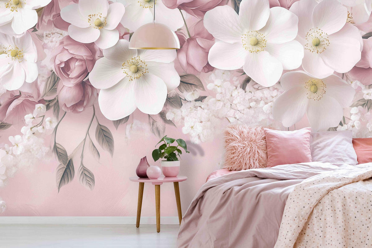 FOTOTAPETE Blumen Betonwand Schlafzimmer 250x175 - Multicolor, Papier (250/175cm) - Wallarena