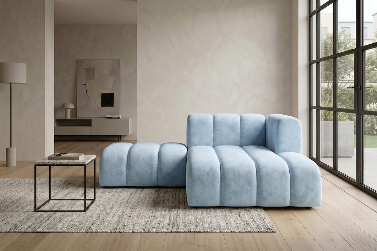 CHAISELONGUE Modulare Mit Hocker, Velvet-Stoff Riviera, Babyblau, Rechts, GRAND - Hellblau, Holz (204/179cm) - Kaiser Möbel