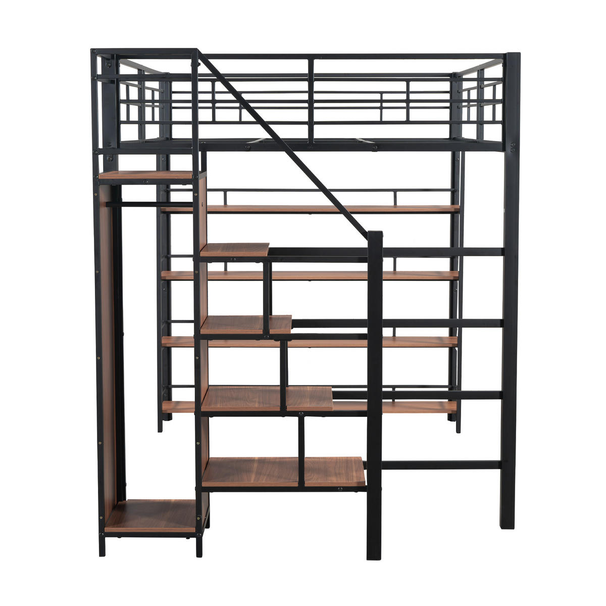 HOCHBETT aus Metall 140x200 cm Schwarz mit Stauraumtreppe, Garderobe und Regalen - Schwarz, Metall (140/200cm) - Modfu