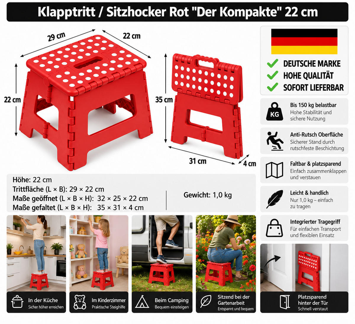 KLAPPHOCKER, Klapptritt 22 cm für Kinder faltbar bis 150 kg Rot - Rot, Paraffin (25/22/32cm)