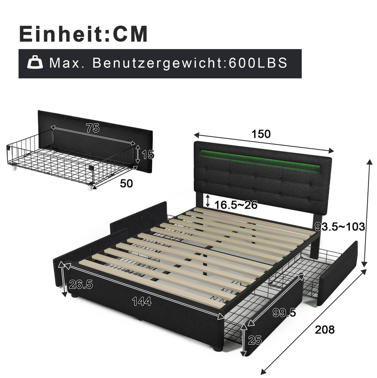 POLSTERBETT 140/200 cm Schwarz mit LED-Beleuchtung, 4 Schubladen und Matratze - Schwarz, Textil (140/200cm) - Flora Grace