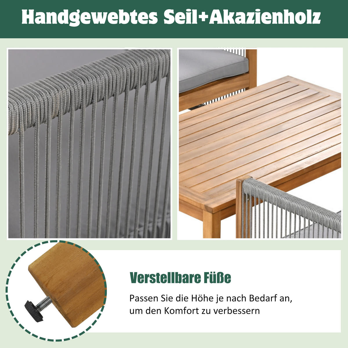 LOUNGESET Grau Rattanoptik Akazie Doppelsofa 2 Sessel Tisch - Grau, Textil - FLIEKS