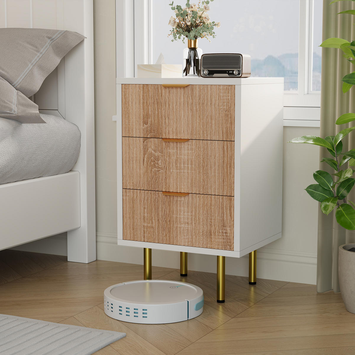 NACHTTISCH 2er Set 3 Schubladen Holz weiß Holzoptik - Weiß, Holz (40/65/40cm) - LEBENLANG