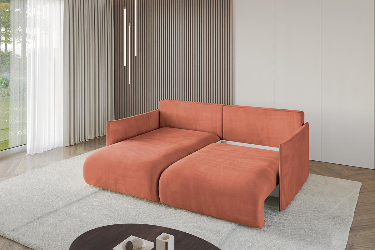 ECKSOFA mit Schlaffunktion und Bettkasten ONESK-L 208x165x40 Apricot Velours - Koralle, Holzwerkstoff/Kunststoff (208/165cm) - ALTDECOR