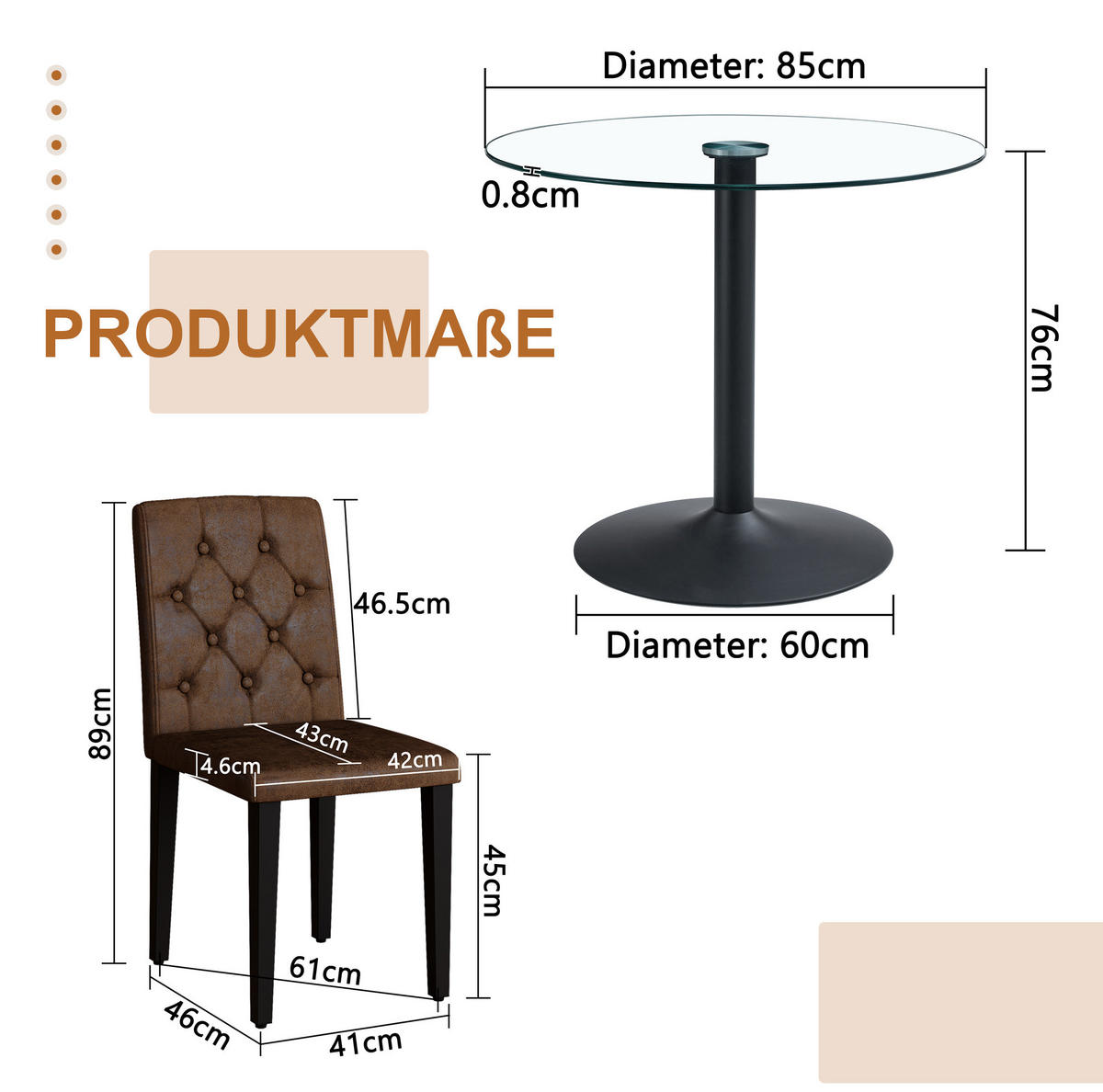 TISCH- UND STUHLSET 4er-Set Glas 85 cm Braun/Schwarz - Braun, Metall (85/76/85cm) - Meubliv