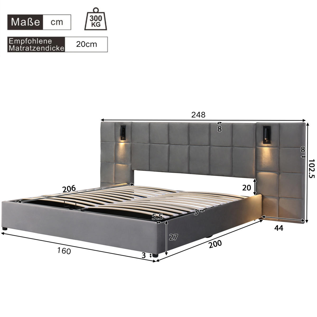 POLSTERBETT 160/200 cm mit hydraulischem Bettkasten, LED-Leselicht & USB, Grau - Grau, Metall (160/200cm) - Redom