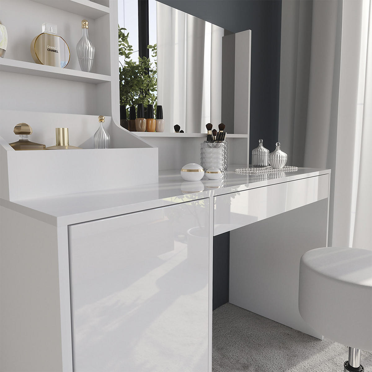 SCHMINKTISCH Sherry Weiß/Weiß Hochglanz 119.8 cm 4 Teile - Weiß Hochglanz, Holzwerkstoff (119.8/76/50.1cm) - Vicco