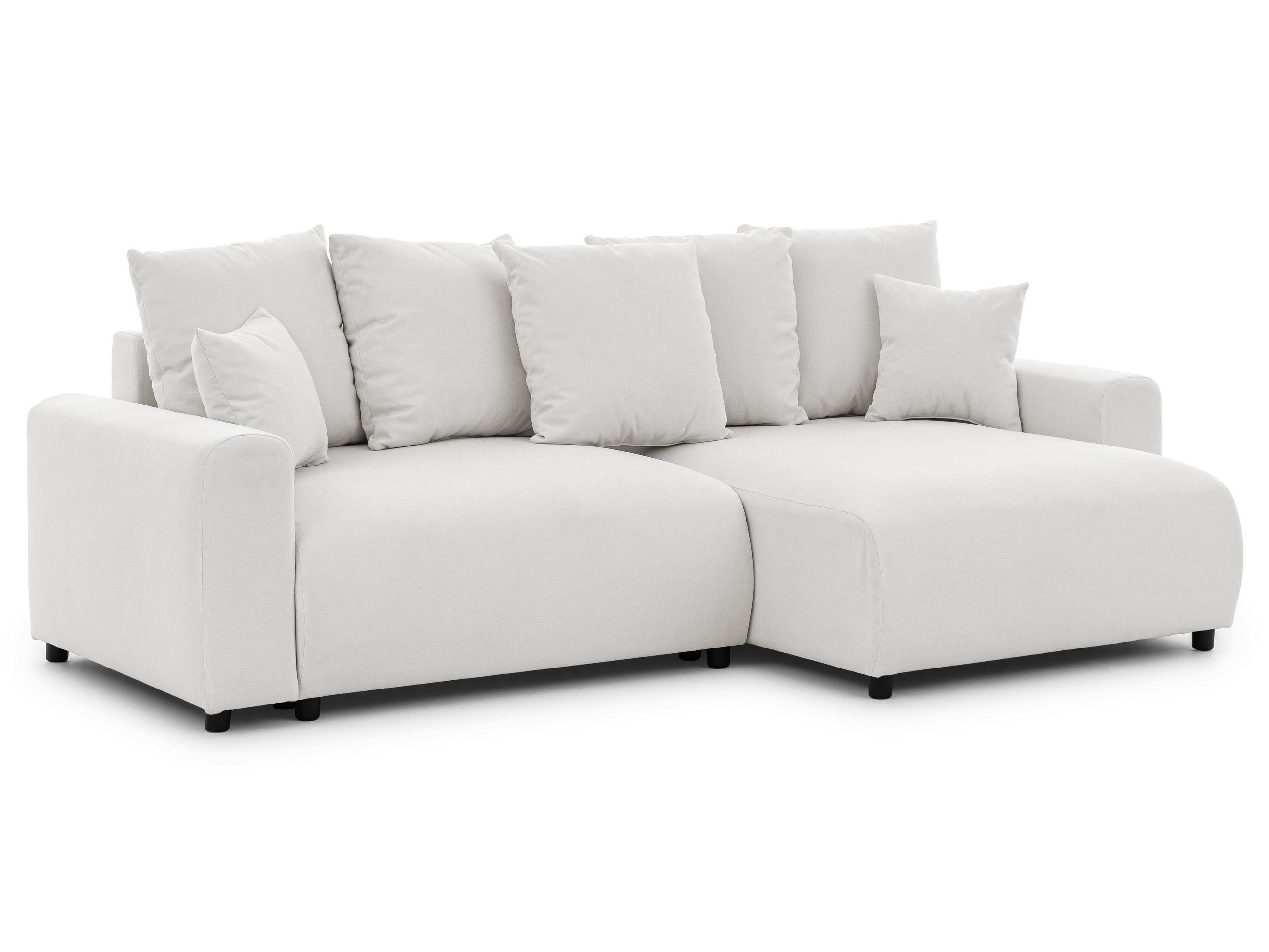 ECKSOFA Calma mit Schlaffunktion und Bettkasten im Bumpy-Design aus weichem Creme Webstoff - Ottomane rechts - Creme/Schwarz, Holz/Kunststoff (140/239cm) - S-Style