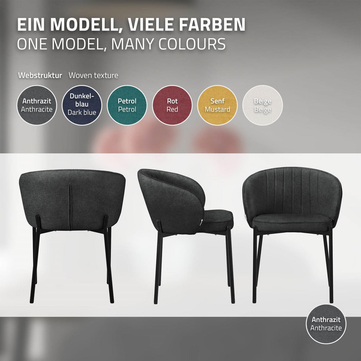 JÍDELNÍ ŽIDLE, sada 4 ks, antracitová - černá/antracitová, kov/textil (60/75/59cm) - ML-DESIGN