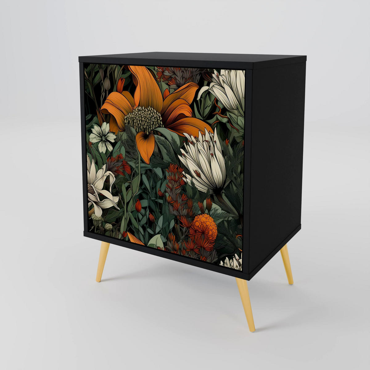 SIDEBOARD MIDNIGHT SPROUT, Schwarz, 57,5x42x72,5 cm, Schwarze Metallfüße - Multicolor/Schwarz, Holzwerkstoff/Metall (57.5/72.5/42cm) - SpaceRebels