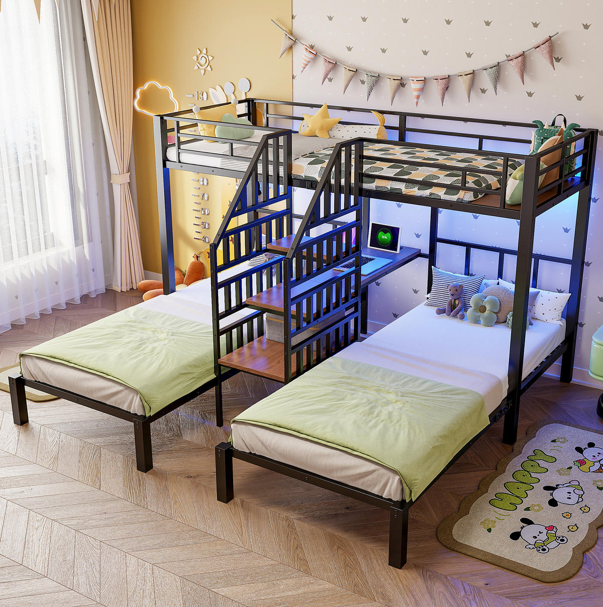ETAGENBETT aus Metall und MDF 90x200 cm Schwarz mit LED, Schreibtisch, Stauraumtreppe, Regal, USB und Steckdose - Schwarz, Metall (90/200cm) - Modfu