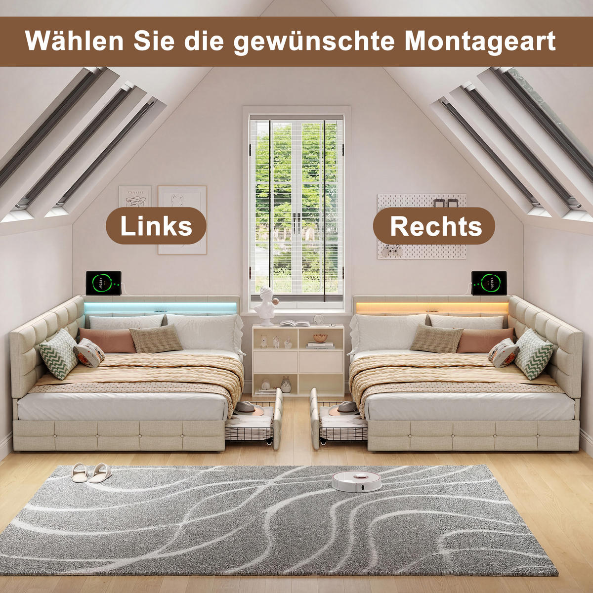 POLSTERBETT 140x190 cm Tagesbett mit 2 Schubladen, LED & USB, Doppelbett mit L-förmigem Kopfteil, Beige - Beige, Metall (140/190cm) - EuroLiving