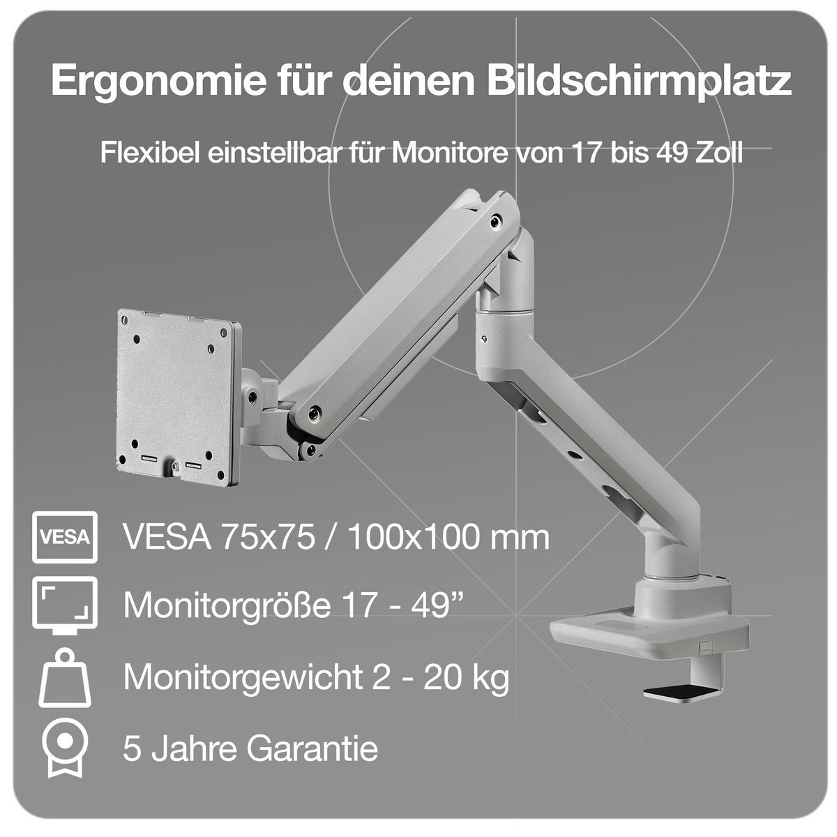MONITORARM in weißaluminium mit Gasfeder für 17–49 Zoll Monitore bis 20kg / Weißaluminium - Silberfarben, Metall (22/43/13cm) - ASSMANN