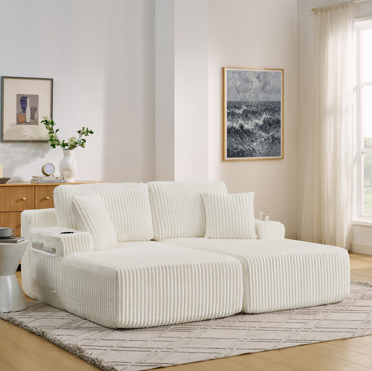 SCHLAFSOFA mit Relaxfunktion, Kordstoff, mit Seitentasche, Getränkehalter und abnehmbaren Kissen, Beige - Beige, Kunststoff (186/78/154cm) - Redom