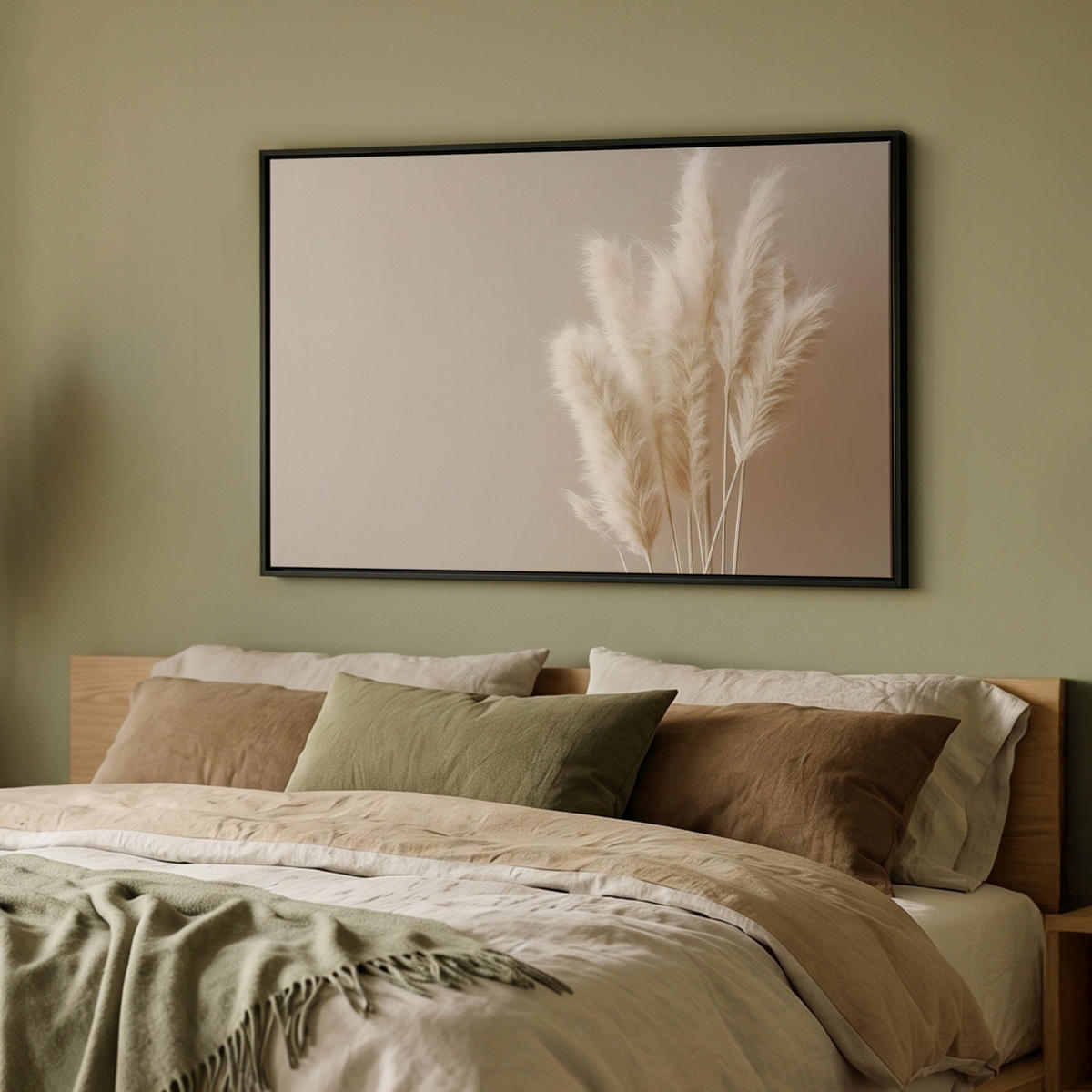 LEINWAND Bilder mit Rahmen - Pampasgras - Federn - Pastell - Weiß - 90x60 - Naturfarben, Textil (90/60cm) - MuchoWow
