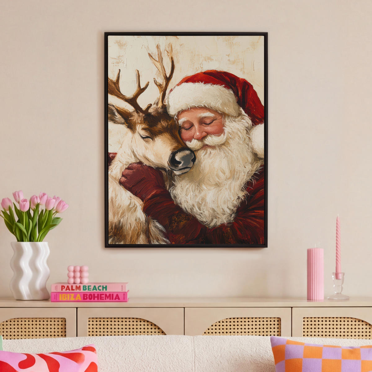 LEINWAND Bilder mit Rahmen - Weihnachtsmann - Rentier - Weihnachten - 70x100 - Rotbraun, Textil (70/100cm) - MuchoWow