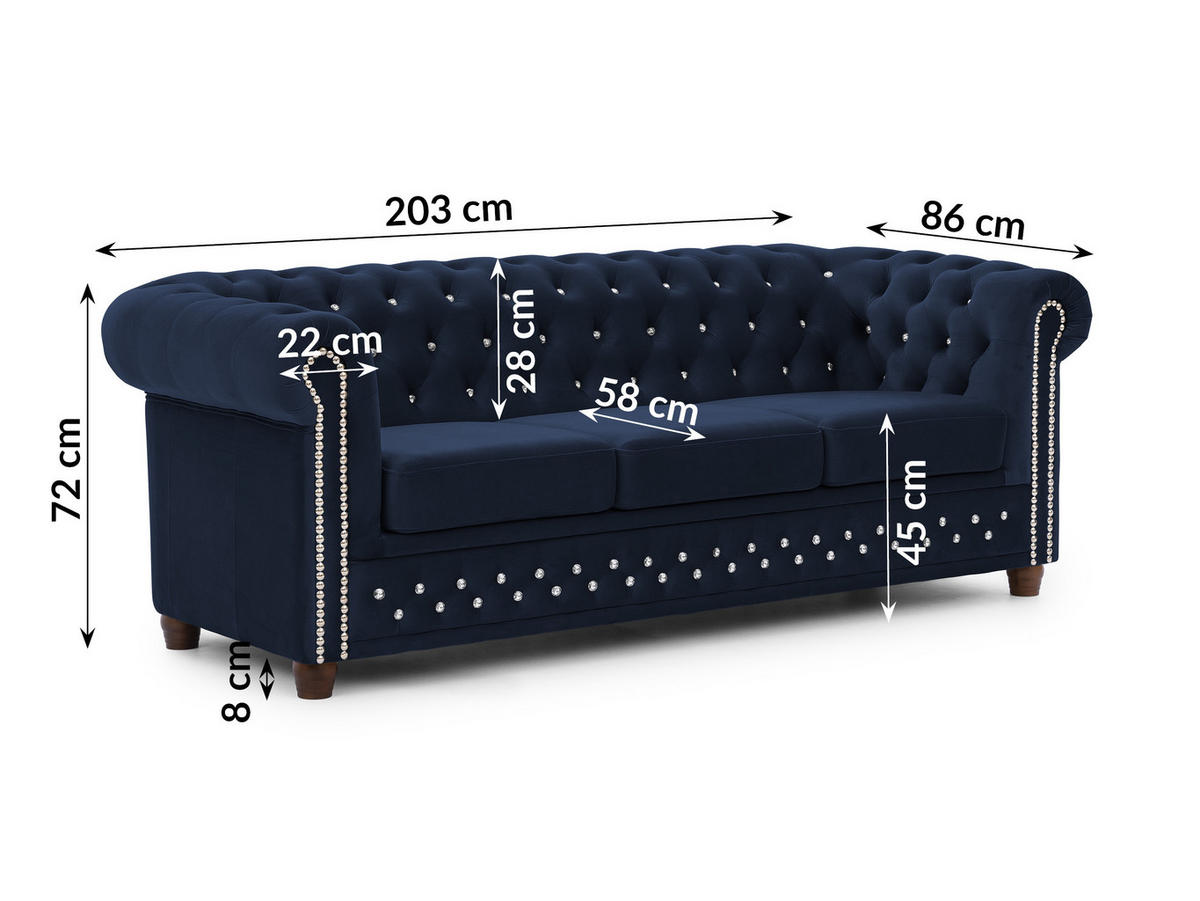 CHESTERFIELD-SOFA 3-sitzer Cleo Blink Marineblau Samt mit Kristallsteppung und braunen Massivholzfüßen - Blau/Braun, Holz/Textil (203/72/86cm) - S-Style Möbel