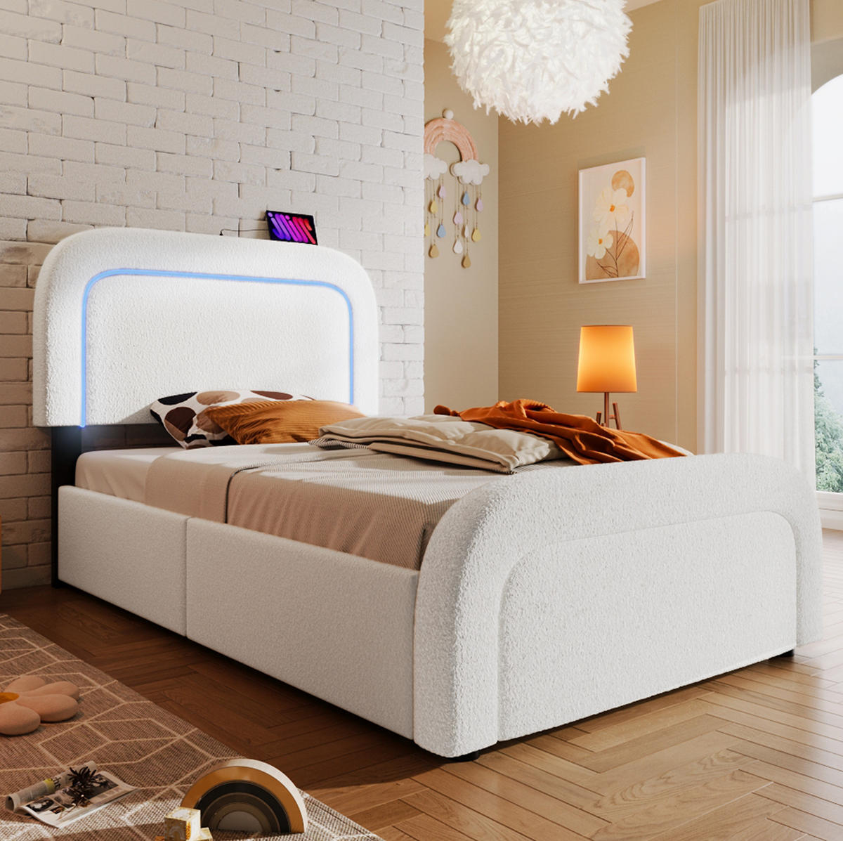 POLSTERBETT 90/200 cm aus Sherpa mit LED, USB-C und 2 Schubladen Weiß - Weiß, Fell (90/200cm) - Modenvie