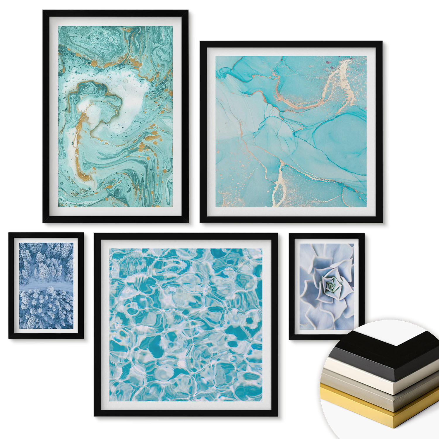 WANDBILDER 5er-Set - 50x50 cm & 20x30 cm & 40x60 cm Schwarzer Rahmen - Pflanzenmuster große minimalistische Sonnen - Schwarz, Kunststoff (40/60cm) - ArtPrintCave