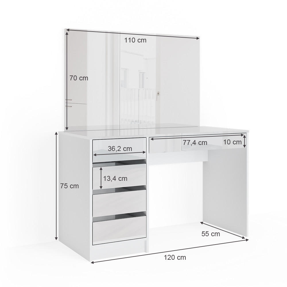 Thumbnail - Vicco Schminktisch, Weiß, Holzwerkstoff, 5 Fächer, 5 Schubladen, Rechteckig,Rechteckig, 120x75x55 cm, Schlafzimmer, Schm...