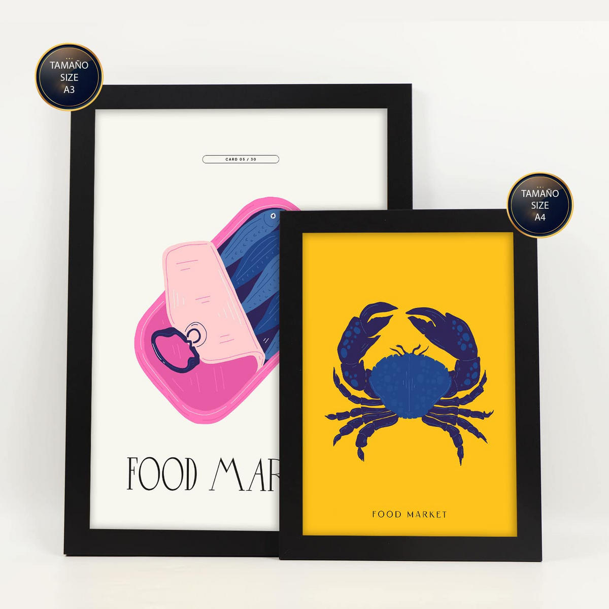 POSTER Set Mit 6 Lebensmittel Und Ernährungs Meeresfrüchte Natur Und Botanikdrucke Für Innenarchitektur A3 & A4 Schwarzer Rahmen - Schwarz, Papier (29/3cm) - Nacnic