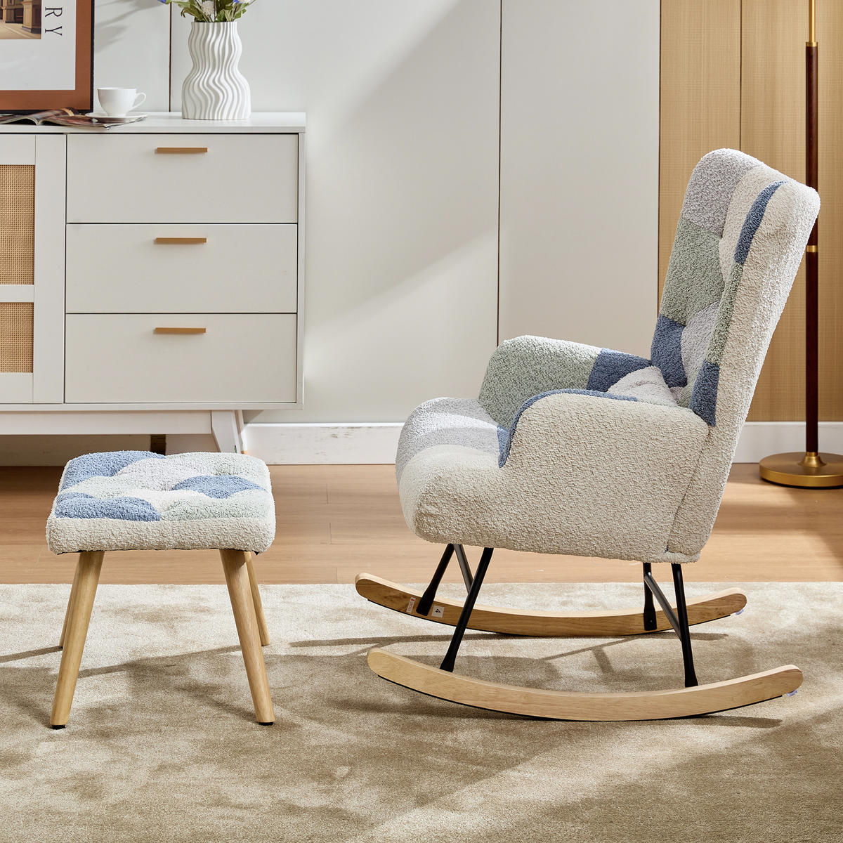 SCHAUKELSTUHL 84/68/91 cm Beige-Blau mit Fußhocker - Multicolor, Textil (68/91/122cm) - Oxeza