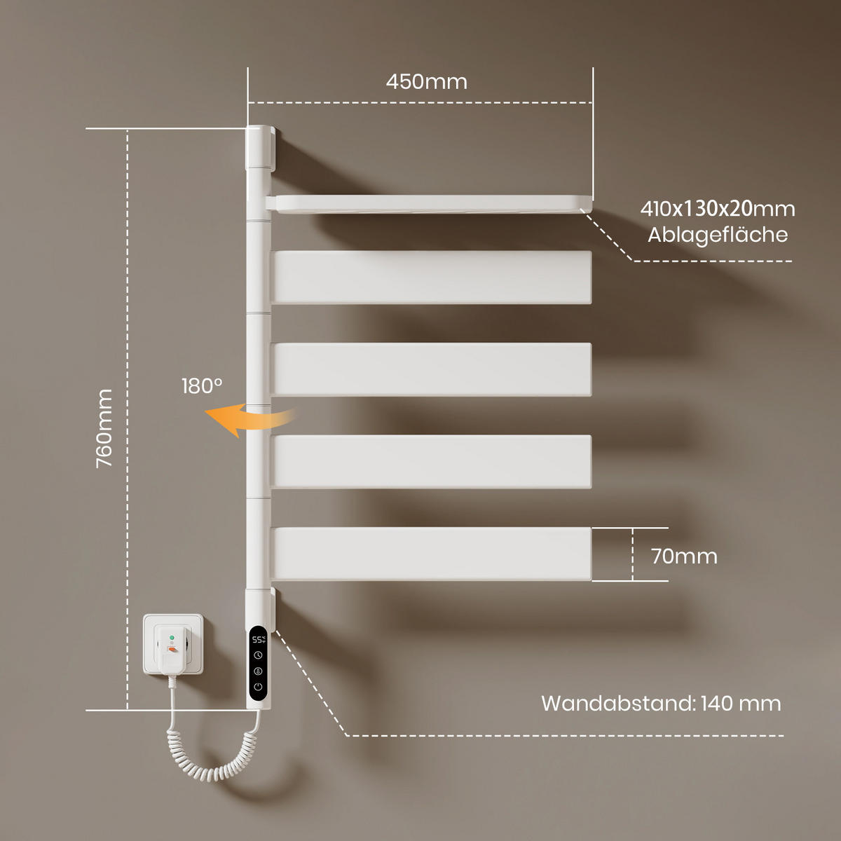 HANDTUCHHEIZKÖRPER Intelligentes Heizsystem Ablage Weiß 76/45 cm - Weiß, Metall (45/76/14cm) - EMKE