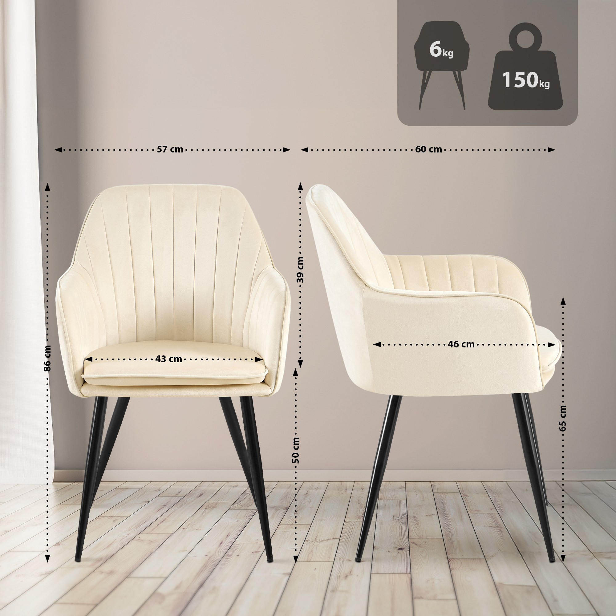 ARMLEHNENSTUHL Samt Creme - Creme/Schwarz, Textil/Metall (60/57/86cm) - CLP