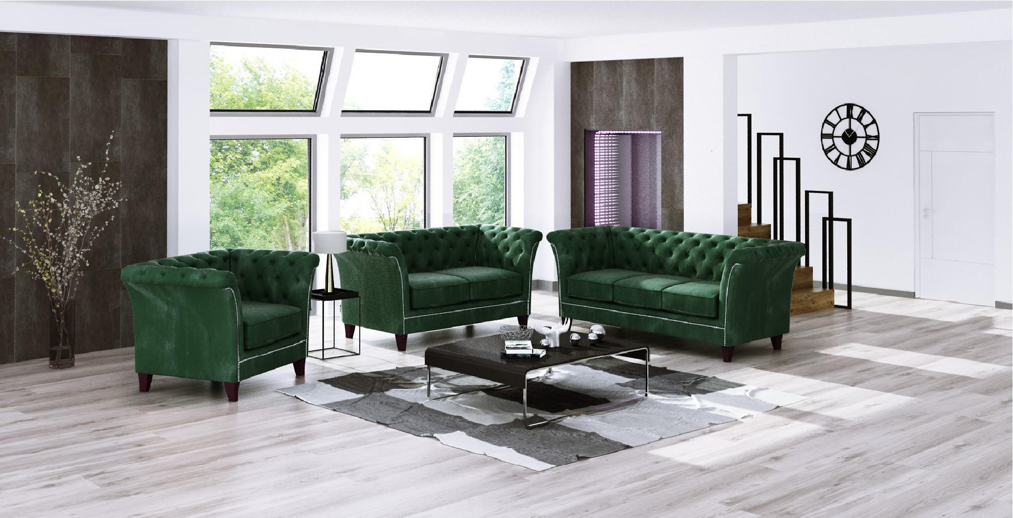 SITZGARNITUR 3+2+1 Chesterfield Fusion Grün Samt - Smaragdgrün/Braun, Holz/Textil (237/75/82cm) - S-Style Möbel