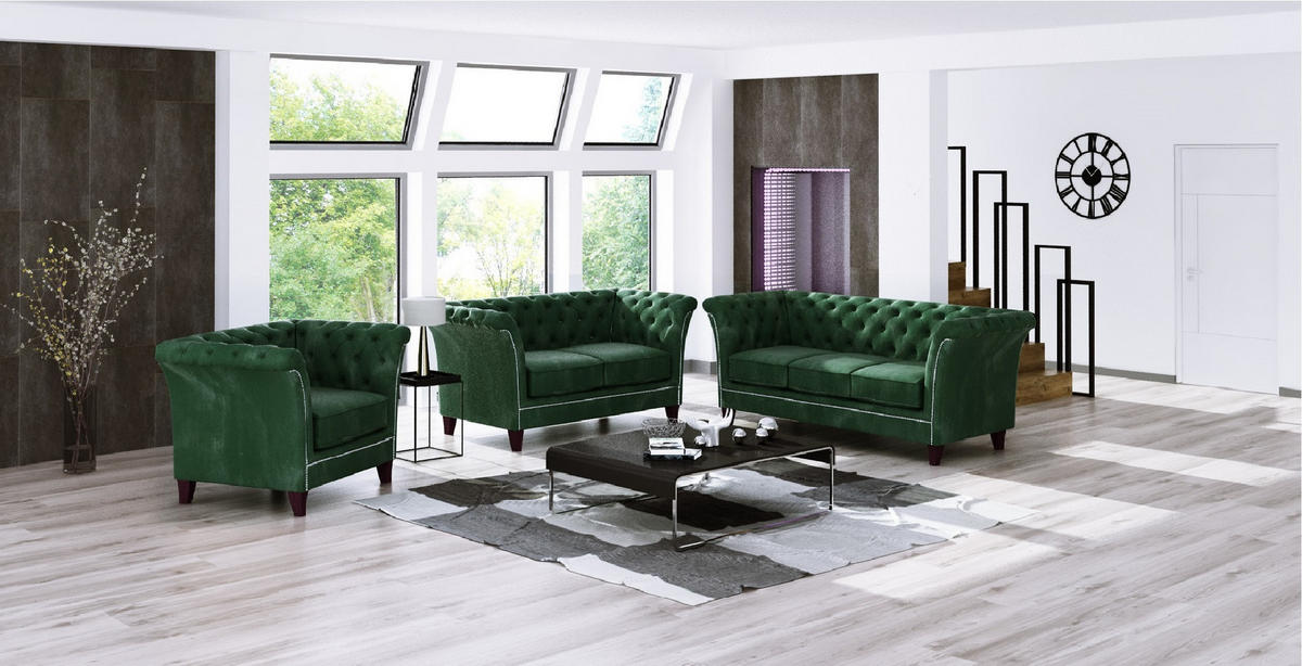 CHESTERFIELD-SOFA 2-Sitzer Fusion Grün Samt - Smaragdgrün/Braun, Holz/Textil (175/75/82cm) - S-Style Möbel