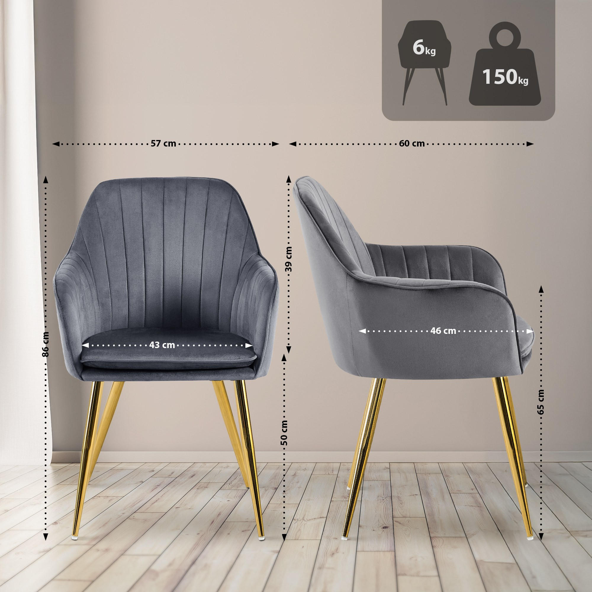 ARMLEHNENSTUHL Samt Dunkelgrau - Dunkelgrau/Goldfarben, Textil/Metall (60/57/86cm) - CLP