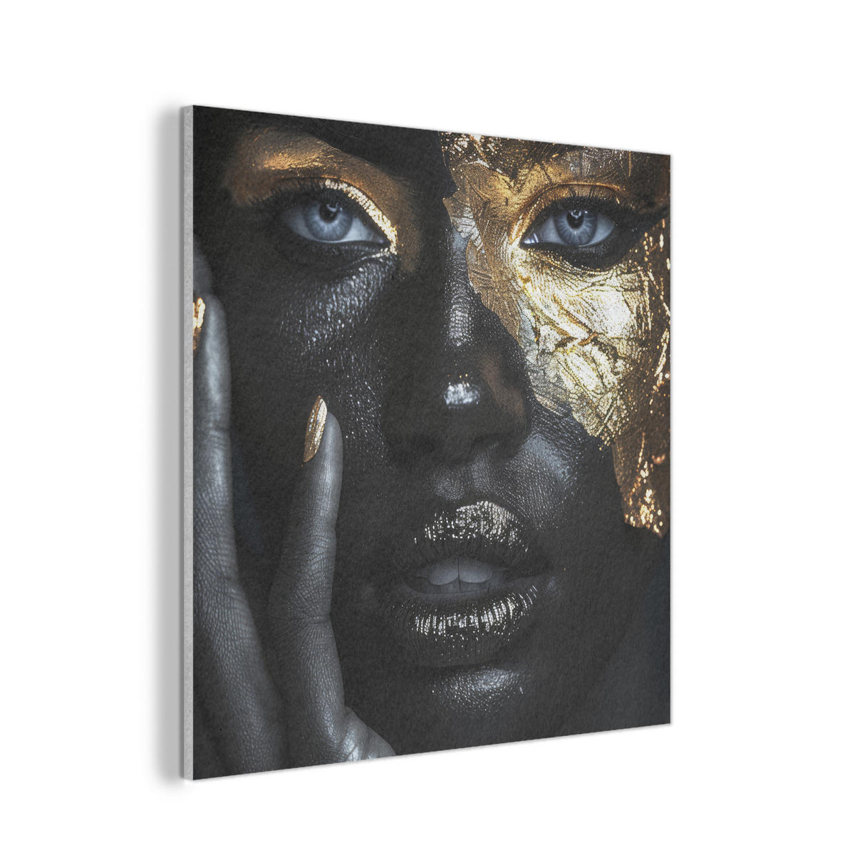 AKUSTIKPANEEL Frau - Gold - Porträt - Schwarz-Weiß - Luxus 90x90 cm - Hellblau, Textil (90/0.9/90cm) - MuchoWow