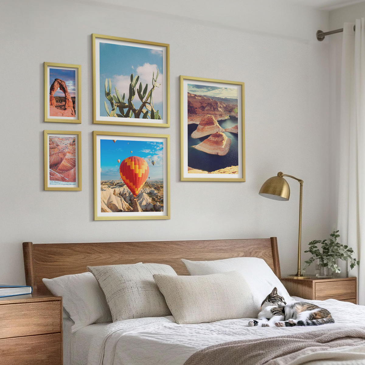 BILDER SET 5er Set - 50x50 cm & 20x30 cm & 40x60 cm Goldrahmen - Berge, Seen, Wälder, Wege - Goldfarben, Kunststoff (40/60cm) - TULUP