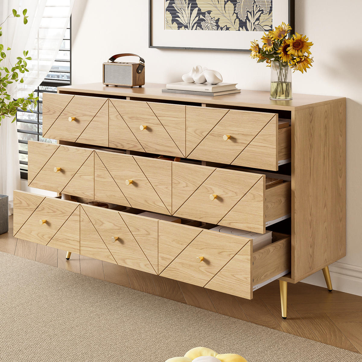KOMODA z 9 predali v naravni barvi, 120/39/80 cm - naravne barve, leseni material (39/80/120cm) - OKMYHOME