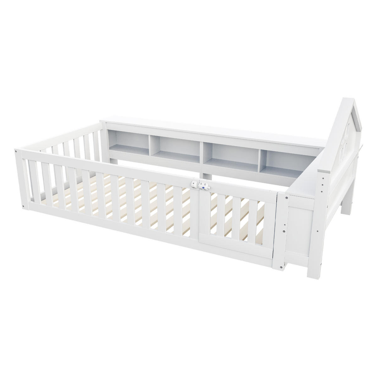 KINDERBETT 90/200 cm Weiß mit Dachleiste und Stauraum - Weiß, Holz (90/200cm) - OKWISH